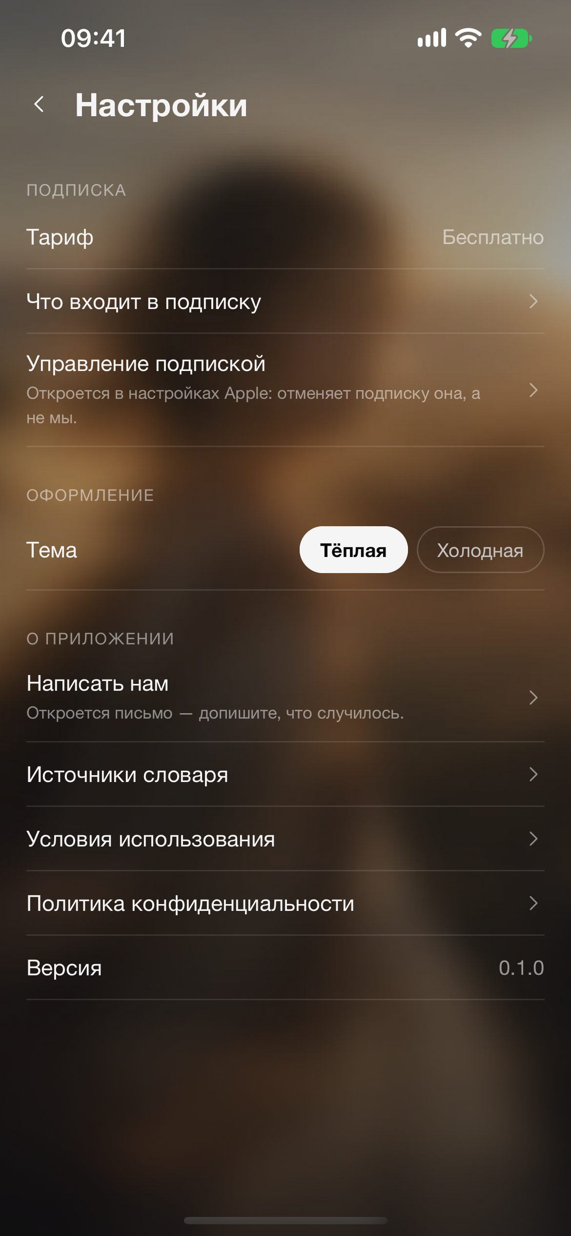 Настройки в холодной теме